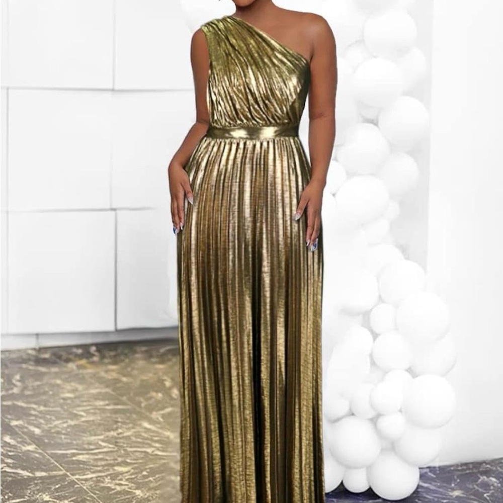 One-Shoulder Metallic Gold Pleated Evening Gown